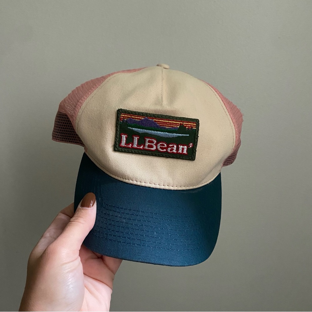 L.L. Bean Beige and Pink Trucker Hat with Teal Brim